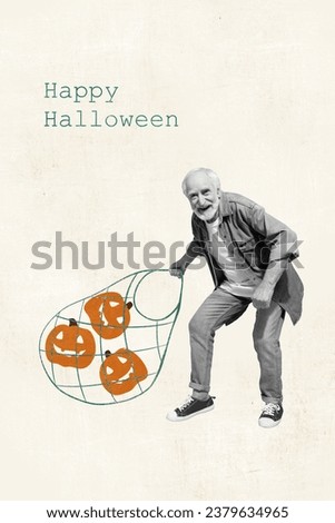 Collage greeting picture of funky cool retired pensioner preparing halloween theme party isolated on painted background