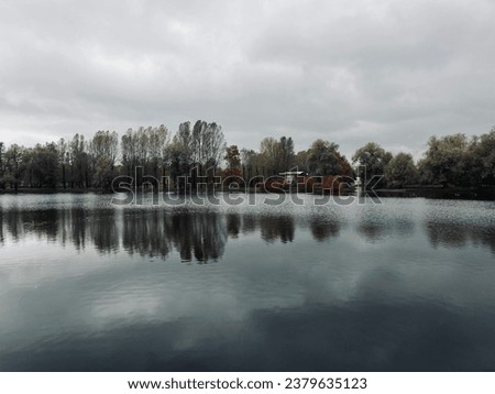 Autumn trees reflection on the lake surface in the park, grey sky