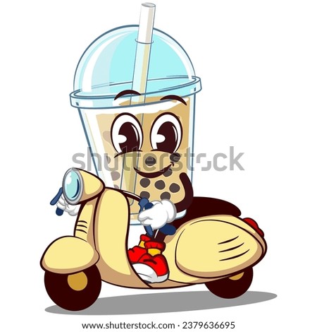mascot character a glass of boba ice with a funny face riding a scooter, isolated cartoon vector illustration. emoticon, cute boba ice glass cone mascot