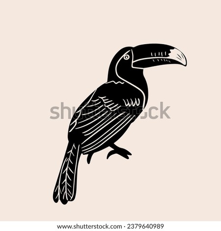 Toucan in the technique of linocut. Can be used as a stamp on fabric, postage stamp, postcard. Toucan black silhouette isolated  on white background vector illustration	
