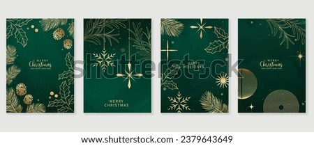Luxury christmas invitation card art deco design vector. Snowflakes, pine cone, pine leaves, holly line art on green background. Design illustration for cover, greeting card, print, poster, wallpaper.