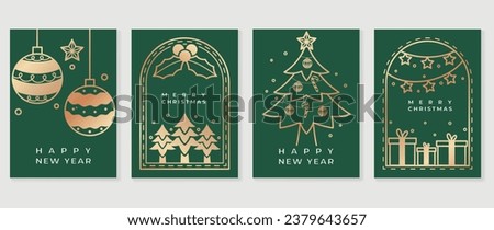Luxury christmas invitation card art deco design vector. Christmas tree, holly, star, gift line art on green background. Design illustration for cover, greeting card, print, poster, wallpaper.
