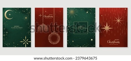 Luxury christmas invitation card art deco design vector. Christmas ball, snowflakes, moon line art on green and red background. Design illustration for cover, greeting card, print, poster, wallpaper.