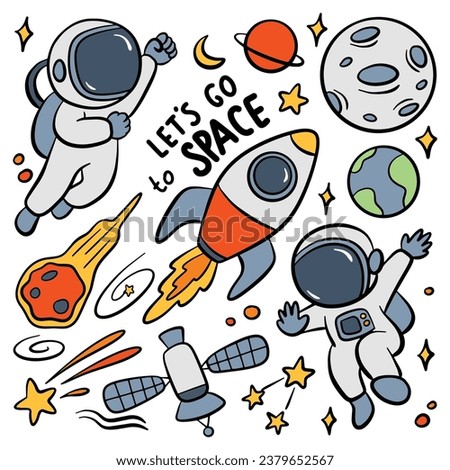 hand drawn space and astronaut cartoon doodle illustration