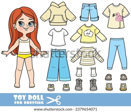 Cartoon brunette longhaired girl and clothes separately - long sleeve, hoodie, shirt, jacket, jeans and sneakers doll for dressing Royalty-Free Stock Photo #2379654071