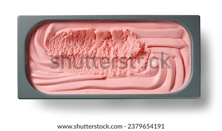 open box of fresh pink strawberry ice cream isolated on white background, top view