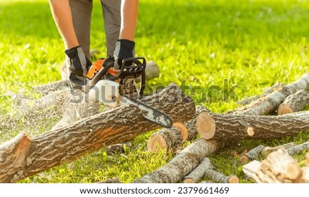 A man cuts logs with a saw outdoors.  Royalty-Free Stock Photo #2379661469