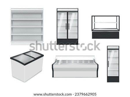 Commercial refrigeration equipment vertical and horizontal fridges showcases for display in grocery store set realistic vector illustration. Modern refrigerator with glass doors for supermarket cafe Royalty-Free Stock Photo #2379662905