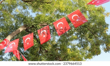 Turk Bayragi - Turkish flags hanging on the street. Background image for Turkish national holidays. Can be used as social media post, banner, and design element.
