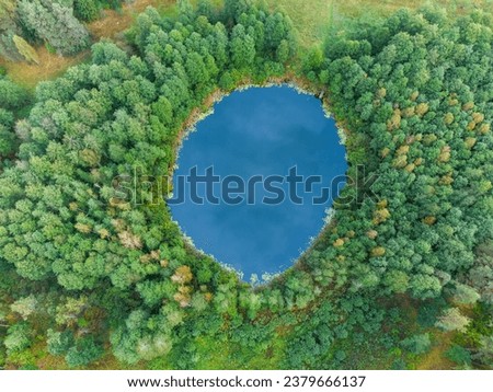 Aerial view of a lake in the forests of Lithuania, wild nature. The name of the lake is "Karpiskiu", Varena district, Europe. Royalty-Free Stock Photo #2379666137