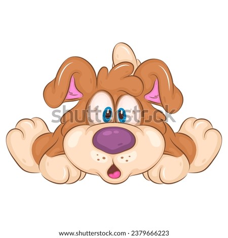 A cute cartoon illustration of a dog cuddled up to the ground in fear. Unique design, Children's mascot.