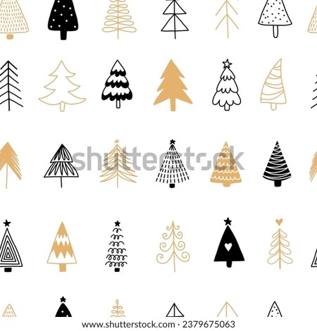 Christmas tree seamless pattern background. Christmas tree illustration hand drawn packing paper design, winter holiday decoration, black and gold Christmas trees modern background