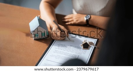 Real estate agent to his discussion and consult about house contracts client after signing contract, concept for real estate, moving home or renting property