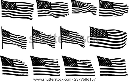 Collection of waving flag silhouettes in the wind, Vector set bundle of black flat American USA flag, A set of silhouette American flag vector, American Flag Silhouette Royalty-Free Stock Photo #2379686157