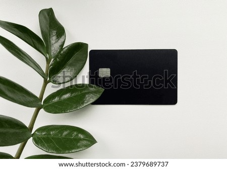 Black card with a green leaf on light background. Business photo. Credit card