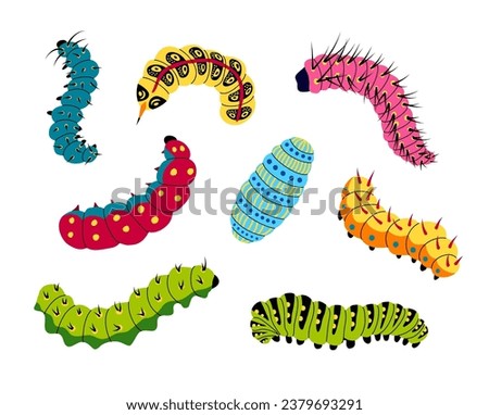 Cartoon Spring and Summer Colorful Caterpillars Icons Set Insect Concept Flat Design Style. Vector illustration of Cute Caterpillar Icon