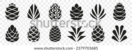 Pine cone icons on a transparent background. Set of simple black pine cone. Pine cone logotype. Set of forest pine branches, cones Royalty-Free Stock Photo #2379703685