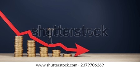 Businessman with telescope standing on abstract falling golden coins chart with blue downward arrow in dark interior. Financial loss forecast and failure concept