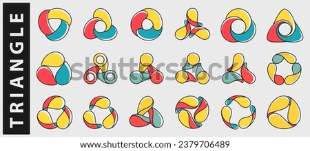 Triangle logos set. Yin and yang overlapping emblems. Optical intersection signs. Retro 3D overlay icons with color shift effect. Vector impossible shapes for vintage label, fintech startup. Royalty-Free Stock Photo #2379706489