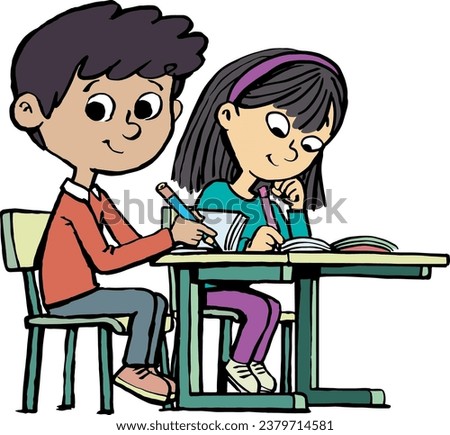 mixed race pair of students sitting in a school desk