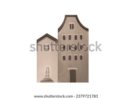 clip art suburban stone grey European house isolated on white background. Watercolor cut out illustration of vintage buildings on old street. estate architecture, Cozy residence in Scandinavian style