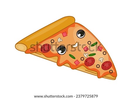 Fast food element sticker. Slice of pizza. Dessert and delicacy for cafe and catering. Italian takeaway eating. Template and mock up. Cartoon flat vector illustration isolated on white background