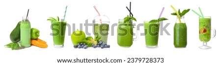 Set of healthy green smoothies isolated on white  Royalty-Free Stock Photo #2379728373