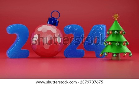 3d rendering of the date of the new year 2024. A Christmas tree decorated with toys and a large Christmas toy, a ball. 3d illustration for the calendar.