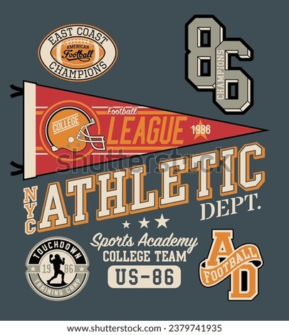 College sporting American football athletic department abstract vintage vector artwork for kid boy t shirt with embroidery applique patches Royalty-Free Stock Photo #2379741935