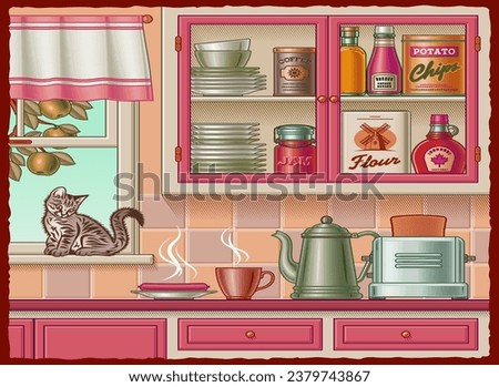 Retro kitchen with various foods and a kitten on the windowsill. Editable EPS8 vector illustration in woodcut style with clipping mask