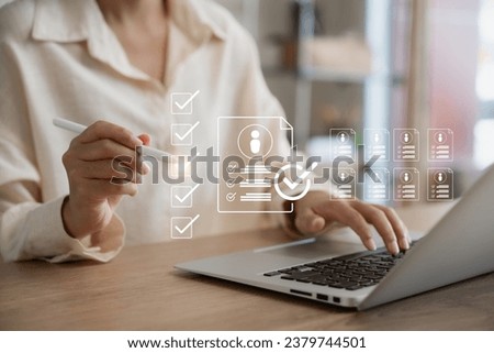 Human resource management, Businesswoman using laptop effective management and recruitment, effective organizational structure, organizational leadership and team building. Royalty-Free Stock Photo #2379744501
