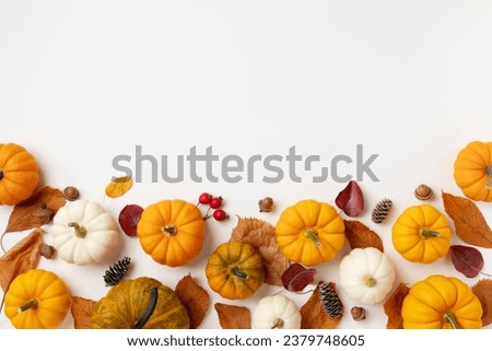 Autumn holiday background from pumpkins, colorful dried leaves and fall decorations. Happy thanksgiving day, harvest and halloween concept. 
