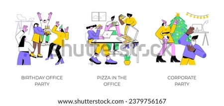 Team events isolated cartoon vector illustrations set. Birthday office party, colleagues eating pizza and having fun, business lunch, corporate party, Christmas and New year event vector cartoon.