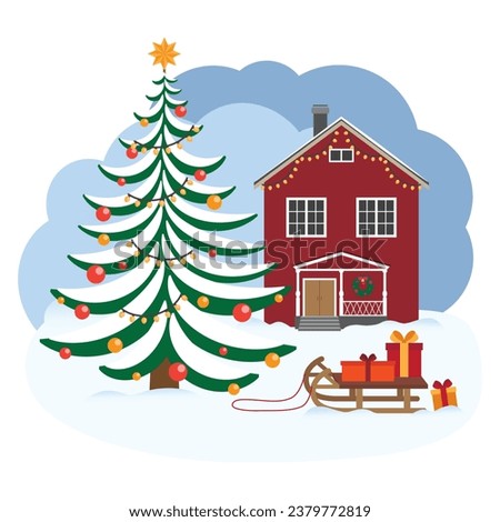 Traditional Scandinavian house, Christmas tree and wooden sledge with gifts. Flat vector illustration.