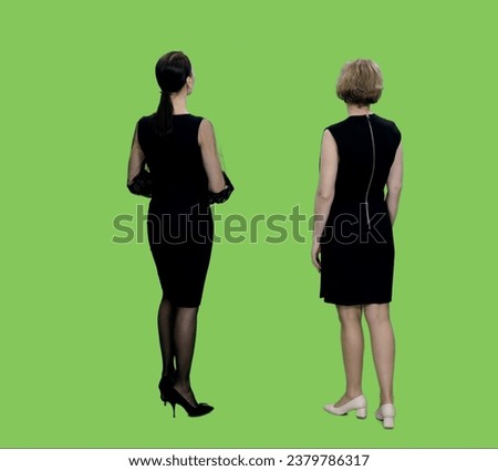 Rear view two women in black dresses standing and looking at something on green background, Chroma key