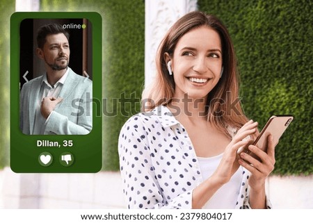 Smiling woman looking for partner via dating site outdoors. Profile photo of man, information and icons