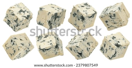 Blue cheese cubes isolated on white background, full depth of field Royalty-Free Stock Photo #2379807549