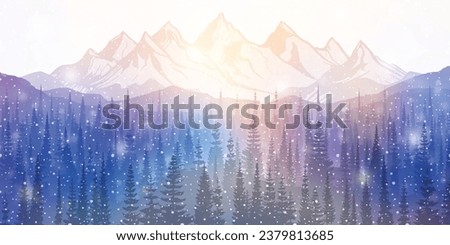Dreamy winter landscape, snow-capped mountains, blizzard and bokeh effect, holiday vector illustration