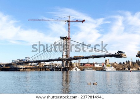 4K Image: Bridge Construction in Progress - Tilikum Crossing over Willamette River, Portland, Oregon USA