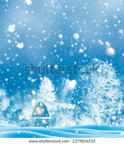 Stylized photo. Winter landscape. Rustic wooden house in the snow covered forest. 