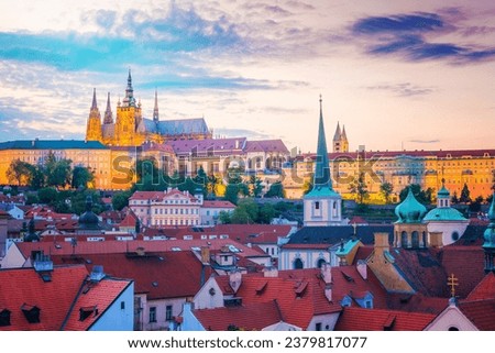 Famous iconic image of Prague city skyline with Prague Castle in Czech Republic