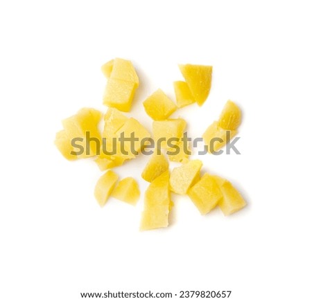 Diced Boiled Potato Pile Isolated, Chopped Potatoes, Cooked Cubed Potato on White Background Top View Royalty-Free Stock Photo #2379820657