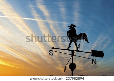 Weather vane is an instrument for showing the direction of the wind - typically used as an architectural ornament to the highest point of a building Royalty-Free Stock Photo #237982894