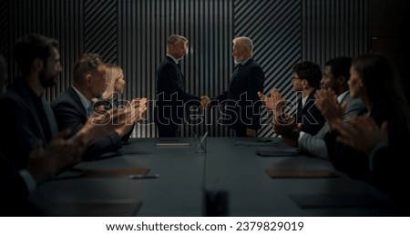 High-Level Political Forum: Two Caucasian Male World Leaders Shaking Hands On Important Economic Deal. Diverse Delegates Applauding Successful International Agreement In Governmental Conference Hall. Royalty-Free Stock Photo #2379829019