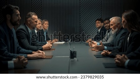 High-Level Political Forum: Two Caucasian Male World Leaders With Diverse Delegations Discussing Trade, Economy and Ecology. Politicians On Official Meeting In Governmental Institution Conference Hall Royalty-Free Stock Photo #2379829035