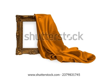 Silk fabric unveiling a empty vintage frame, isolated on white background, abstract backdrop Royalty-Free Stock Photo #2379831745