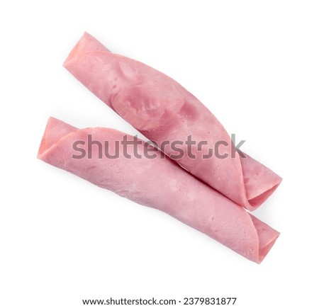 Rolled slices of tasty ham isolated on white, top view Royalty-Free Stock Photo #2379831877