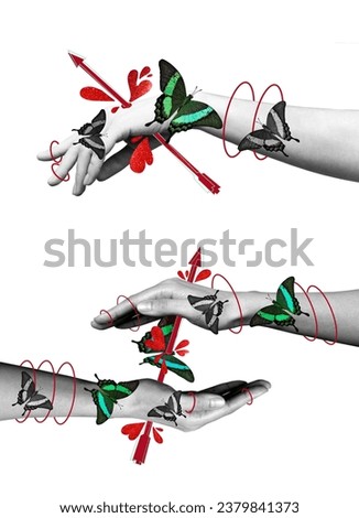 Set of images of hands with hands and doodle elements on a white background. Fragility. Contemporary art collage. Conceptual image. Surrealism. The concept of fragility and transience of life.