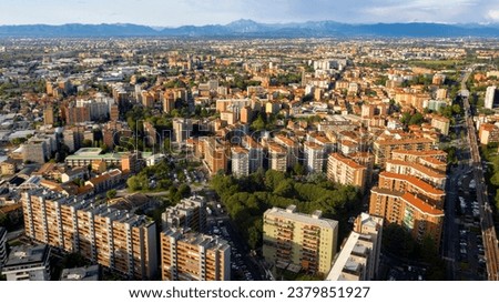 Aerial view of the city of Cologno Monzese on the outskirts of Milan, Italy. It is a residential area. Royalty-Free Stock Photo #2379851927
