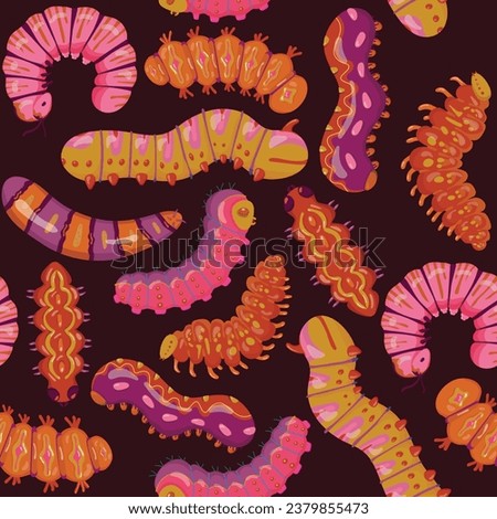 cartoon bright caterpillars, slugs and hairy centipedes Seamless pattern on black background. Insects background. For banner, children, pattern, decorative. Vector illustration
